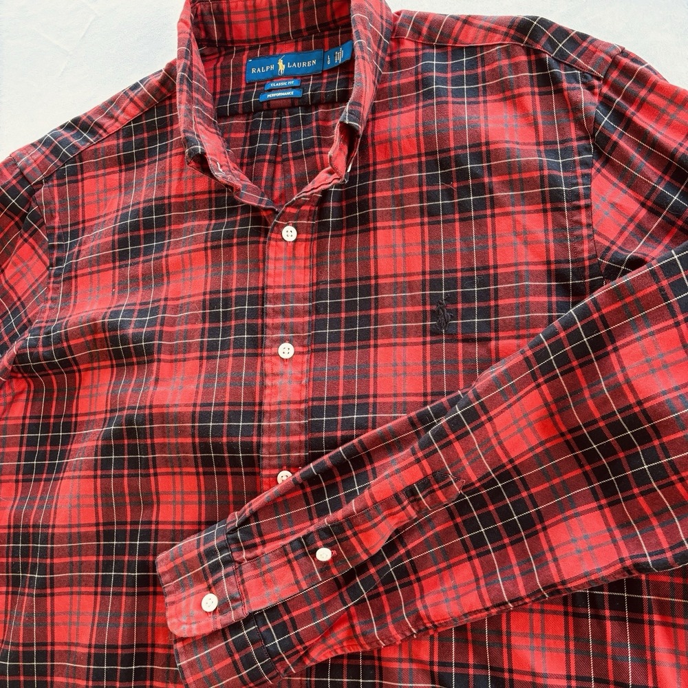 Ralph Lauren Classic Fit Performance Shirt Red Black Plaid Cotton L Long Sleeve